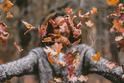 Idei foto de toamnă pentru instagram - o fată aruncă frunze în pădure