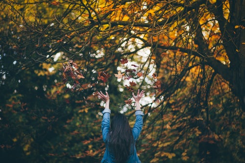 Idei foto de toamnă pentru instagram - aruncă frunze în pădure